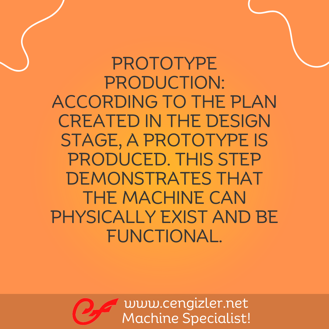 4 Prototype Production. According to the plan created in the design stage, a prototype is produced. This step demonstrates that the machine can physically exist and be functional